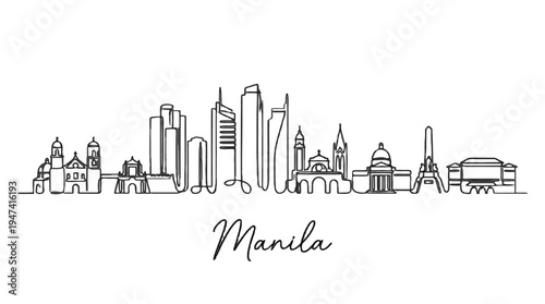 Minimalist black and white digital sketch of iconic manila skyline with a handwritten city name calligraphy