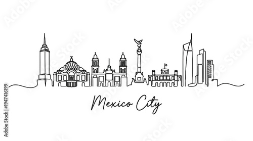 Minimalistic line drawing of Mexico City skyline featuring iconic landmarks and architecture style