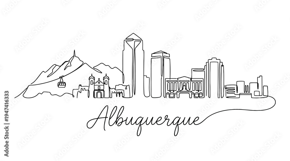 Obraz premium Minimalist Line Drawing of Albuquerque City Skyline with Mountain Range Illustration