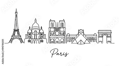 Minimalist Continuous Line Drawing Featuring Iconic Parisian Landmarks Including Eiffel Tower and Louvre Against a White