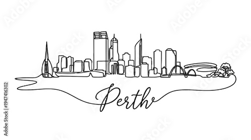 Minimalist Line Drawing of a Modern City Skyline with the Word 'Perth' in Elegant Script
