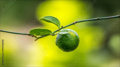 sudachi. A fresh sudachi lime on a branch against a blurred green background,...
