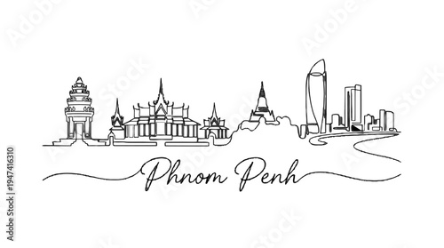 Minimalist Line Art Depiction of Phnom Penh Cityscape Featuring Iconic Architectural Silhouettes and Riverside