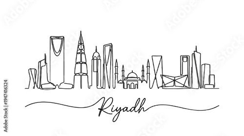 Elegant minimalistic line drawing of Riyadh's iconic cityscape featuring diverse skyscrapers and landmarks