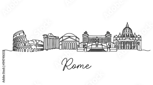 Minimalist line art illustration capturing iconic Rome landmarks including Colosseum and St. Peter's Basilica