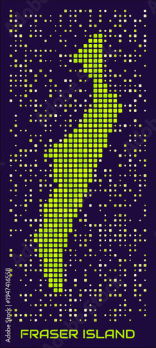 Fraser Island dots map. Australia. Digital style boundary shape. Fraser Island map and title lime colored square dots with round corners. Vibrant Vector Illustration.