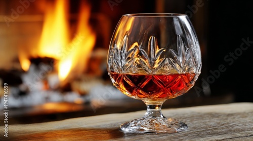 armagnac. Glass of amber Armagnac on a wooden table glowing with reflections from a fireplace. bar promotions, beverage menus, designed for product packaging and bar promotions.
