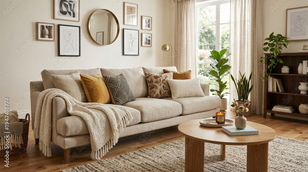 Obraz premium Luxurious interior design of a living room featuring elegant furniture, plants, and stylish home decor accessories.