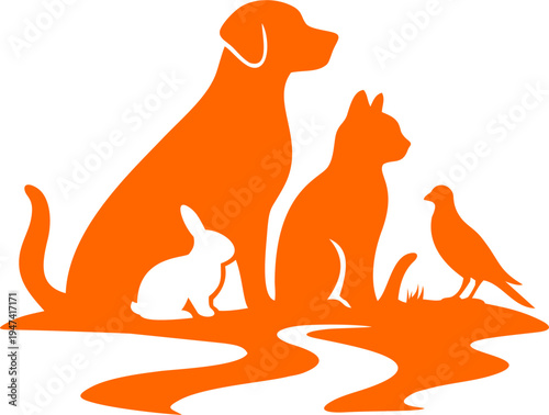 Stylized illustration of a dog, cat, rabbit and bird and riverin orange	