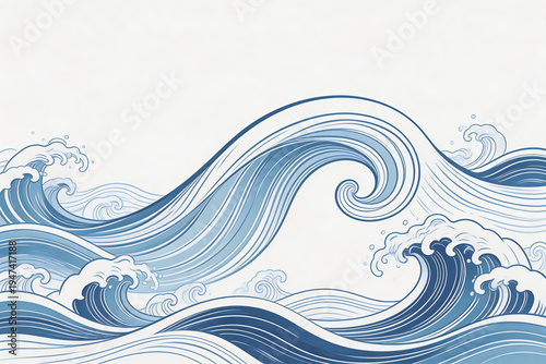 Vector illustration of stylized blue and white ocean waves, inspired by Japanese seigaiha art. Ideal for decorative backgrounds and cultural design elements.
