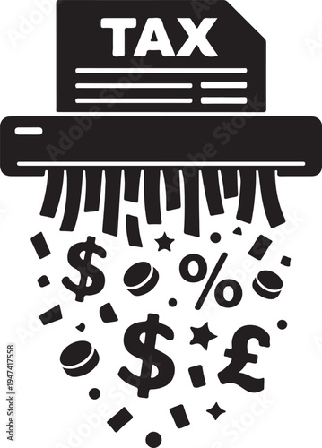 Tax form silhouette shredding into profit confetti