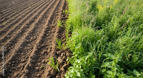 Young Green Crops Growing in Fertile Soil Next to Wild Vegetation in Sunlit Field