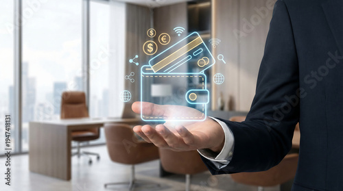 Businessman Holding Holographic Digital Wallet with Credit Card Currency Coins and Global Payment Icons Representing Fintech Online Banking Solution
