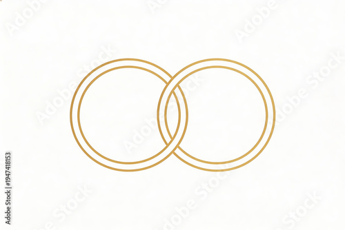 Two interlocking golden rings on white background, abstract illustration with minimalist design. Represents connection, duality, and symbolism.
