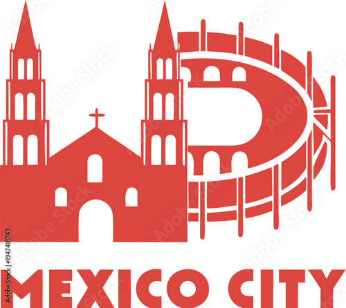 Mexico city skyline with cathedral and coliseum