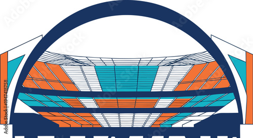 A colorful illustration of a large stadium with a unique architectural design