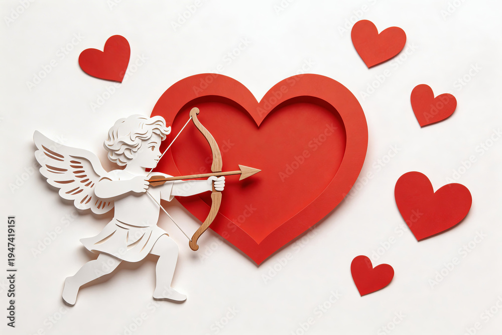 Naklejka premium Paper cutout of Cupid with bow and arrow, red heart shape, white background. Illustrative, romantic, Valentine's Day themed design elements for love and romance.