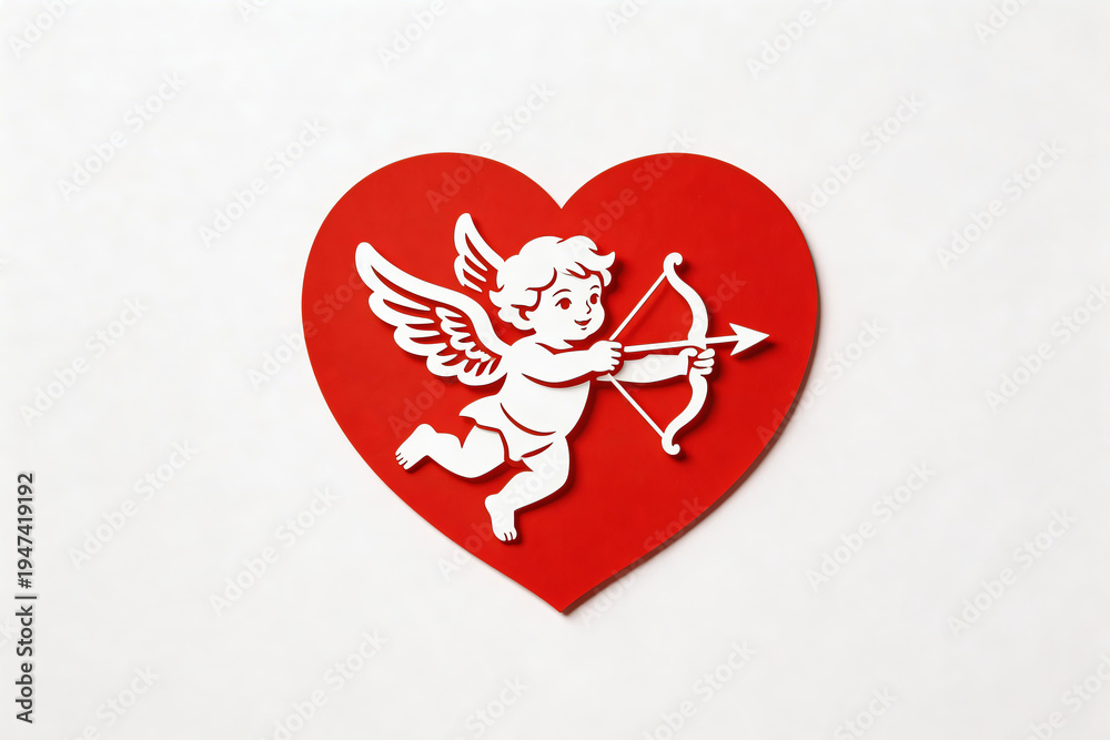 Obraz premium White cherub (cupid) with bow and arrow inside a red heart. Symbol of love, romance, Valentine's Day. Vector illustration style, flat design, white background.
