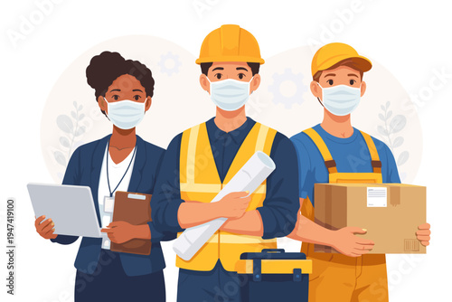 Diverse Group of Essential Workers Wearing Protective Face Masks for COVID-19 Prevention. Professional Businesswoman, Construction Engineer with Blueprints, and Delivery Courier with Package.