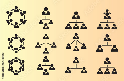 Hierarchical and network organizational chart icons set