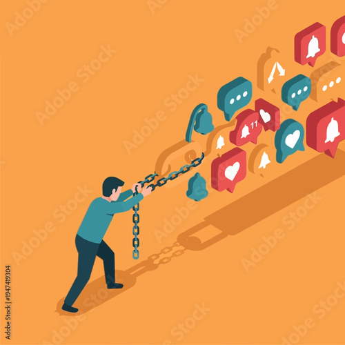 An illustration depicting a person breaking free from social media notifications and distractions.