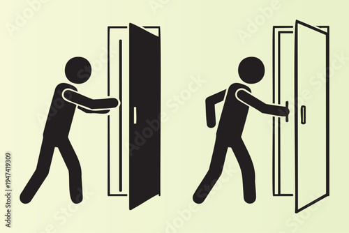 Illustration of two people opening and closing doors in different ways