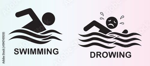 Illustration of swimming and drowning comparison in flat design