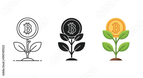 Bitcoin cryptocurrency coin growing on a plant, visually symbolizing digital asset investment, financial growth, and market development in a modern economy.