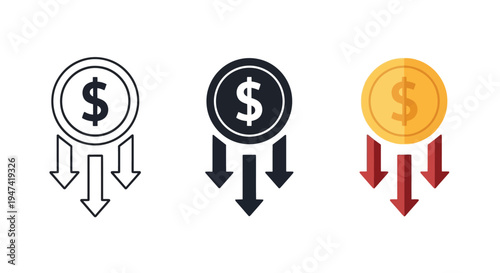 Financial icon representing decreasing costs, expenditure, money outflow, and reduction of funds in business or personal finances.