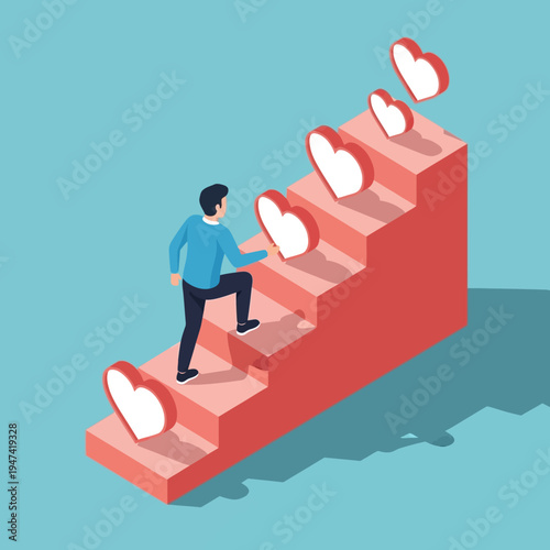 A person ascends stairs with hearts, symbolizing progress and achievement, on a blue background.