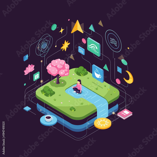 Isometric illustration of a person meditating in a serene, nature-inspired environment with symbolic elements.