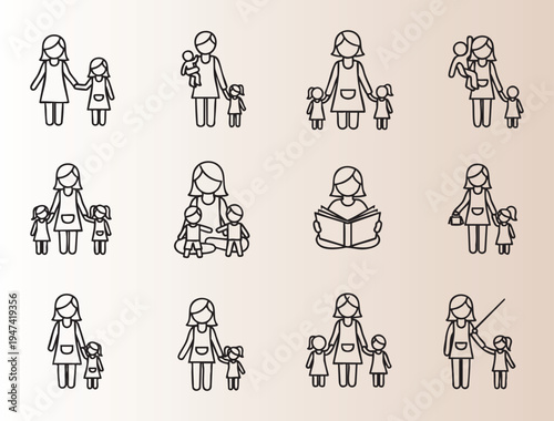 Line art illustrations of mothers and children in various activities