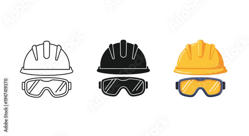 Collection of safety hard hat and protective eyewear icons presented in line art silhouette and color styles