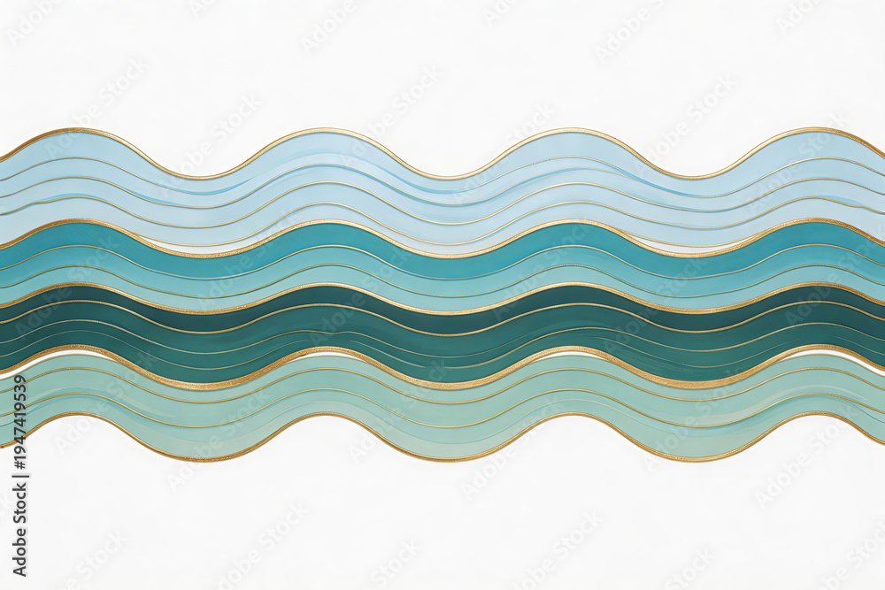 Fototapeta premium Abstract artwork with wavy blue and gold patterns on white background. Features curved lines, layered waves, and a modern decorative design, suitable for interior decor.