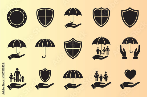 Protection and security icons collection with shields and umbrellas