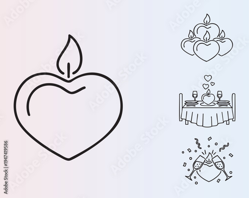 Romantic love icons with candle heart and celebration elements