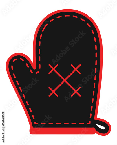Essential Kitchen Safety Icon A sleek black and red oven mitt, perfectly designed for handling hot bakeware and culinary creations, ensuring protection and comfort during baking and cooking adventures