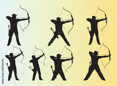 Silhouettes of archers in various shooting poses with bows and arrows