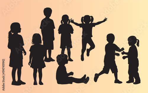 Silhouettes of children playing together in various poses