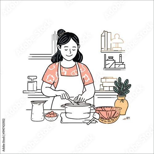 Happy woman cooking in cozy kitchen line art illustration