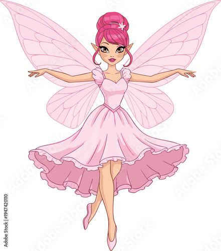 Cute pink fairy character with wings and dress, magical fantasy girl vector illustration isolated on white background, fairy tale, magic and cartoon style concept
