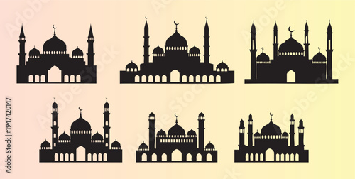 Six iconic mosque silhouettes with domes and minarets illustration