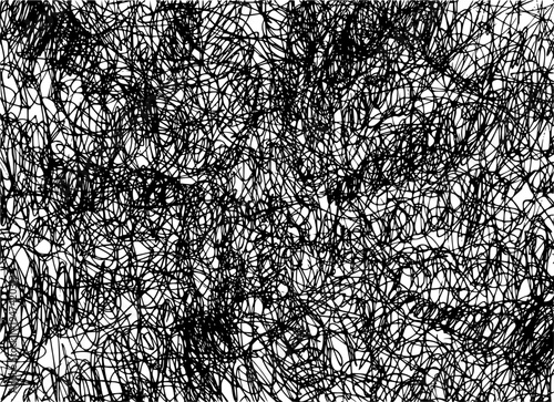 Hand-drawn monochrome pen drawing of dense scribbles and tangled abstract lines