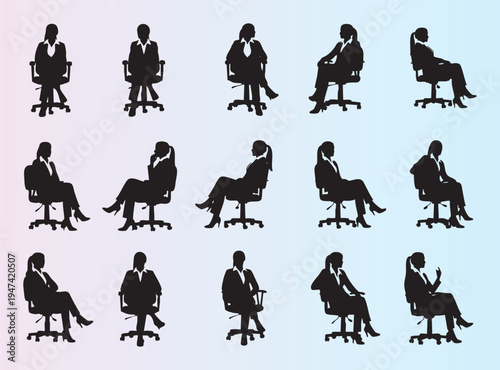 Various sitting postures of a businesswoman in office chair silhouettes