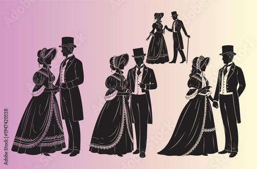 Victorianera couples in elegant historical attire dancing and posing together