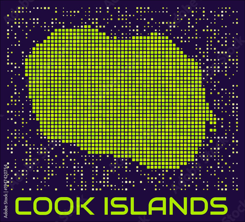 Cook Islands dots map. Cook Islands. Digital style shape of the island. Map and title lime colored square dots with round corners. Classy Vector Illustration.