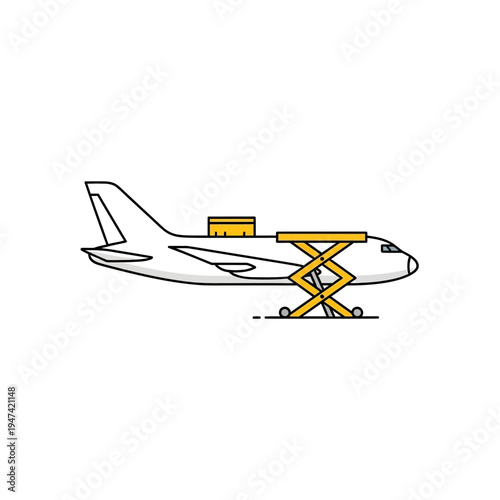 Cargo plane being loaded with goods using a hydraulic lift platform, illustrating air freight and logistics