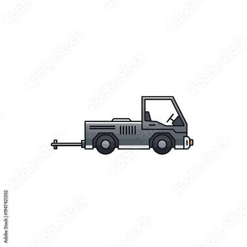 Cartoon illustration of a gray airport tug vehicle with a tow bar, isolated on a white background