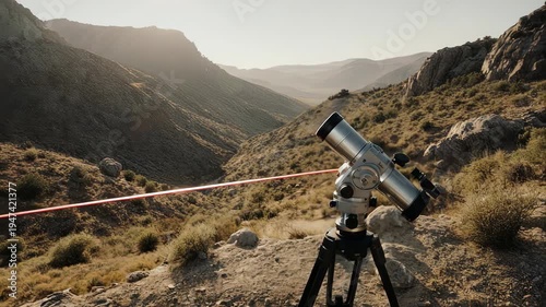 Telescope with red laser beam for scientific measurement in mountains.