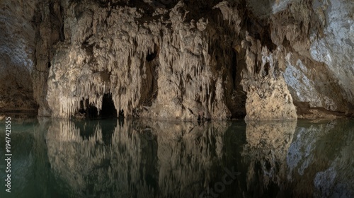 grotto. Limestone cave interior with stalactites mirrored in calm underground water. travel magazines, destination branding, designed for outdoor magazines and nature guides.
